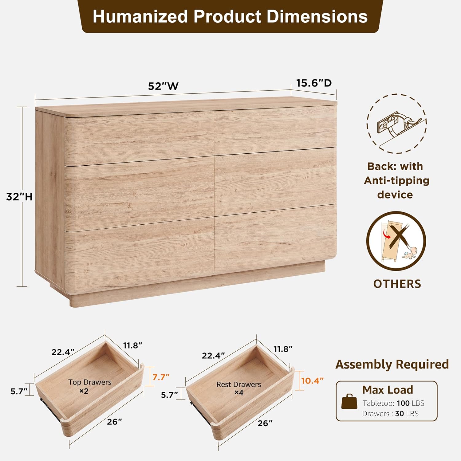 ACCOHOHO Modern 6 Drawer Dresser for Bedroom, 52 Wide Wooden Dressers with Large Storage,Handleless Chest of Drawers TV Stand for Living Room & Hallway, Curved Profile Design,Natural Oak