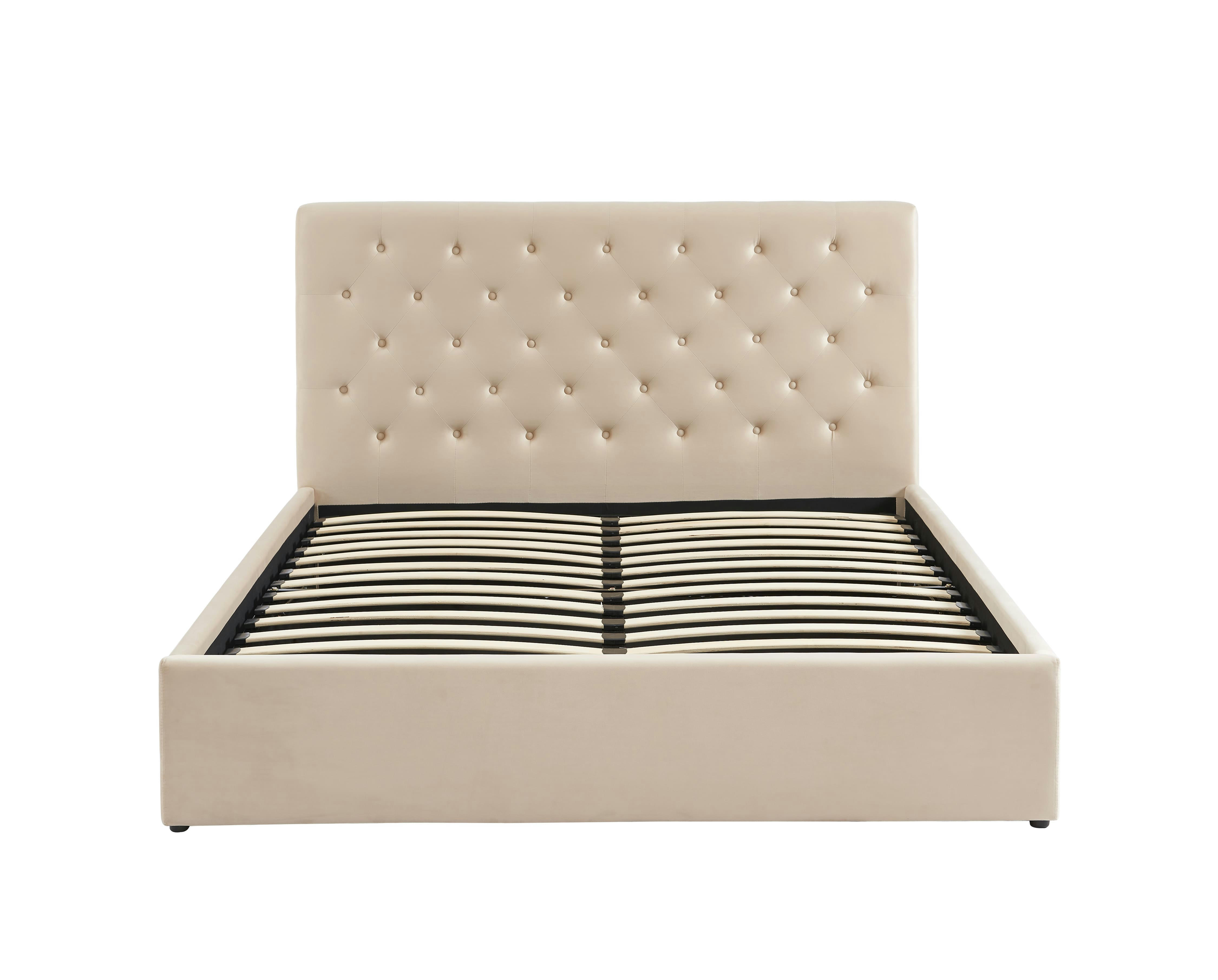 HUBERT - Lit double avec coffre   velours beige 160x200 sommier inclus