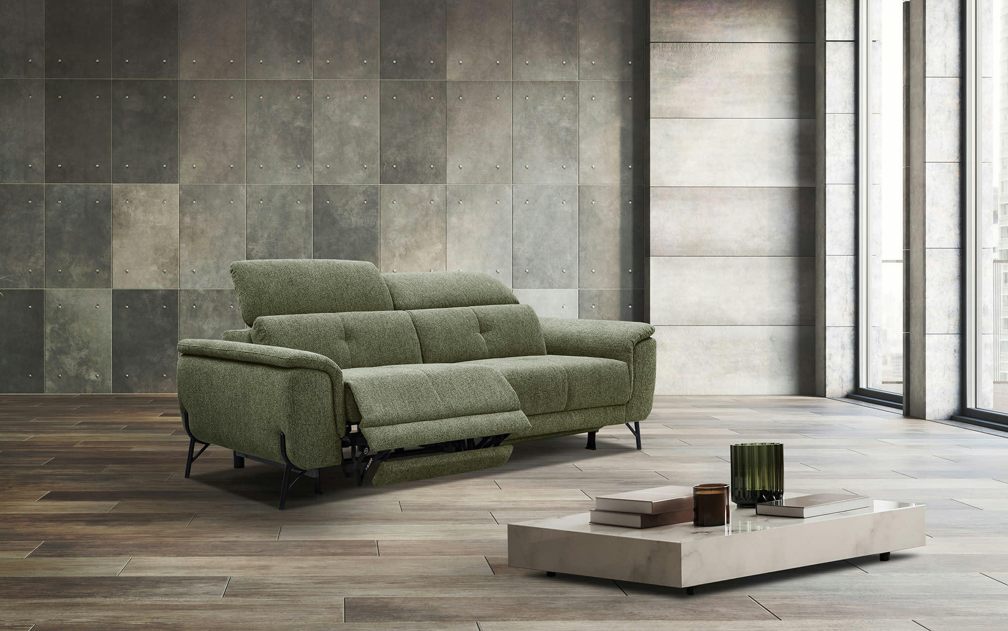 AVENA - Canapé droit 3 places avec 2 relax électriques tissu vert