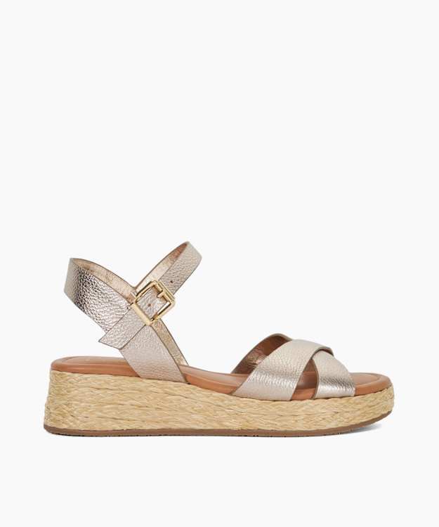 Littleton Gold - Wide Fit Leather Raffia Flatform Sandals