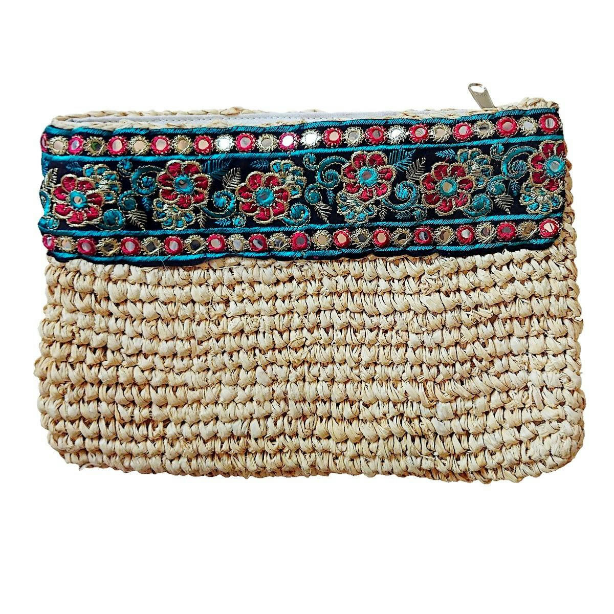 BONA - Pochette en raphia avec galon multicolore, beige  