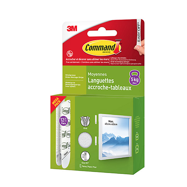 Languette adhésive accroche-tableaux moyenne 3M Command max 5kg