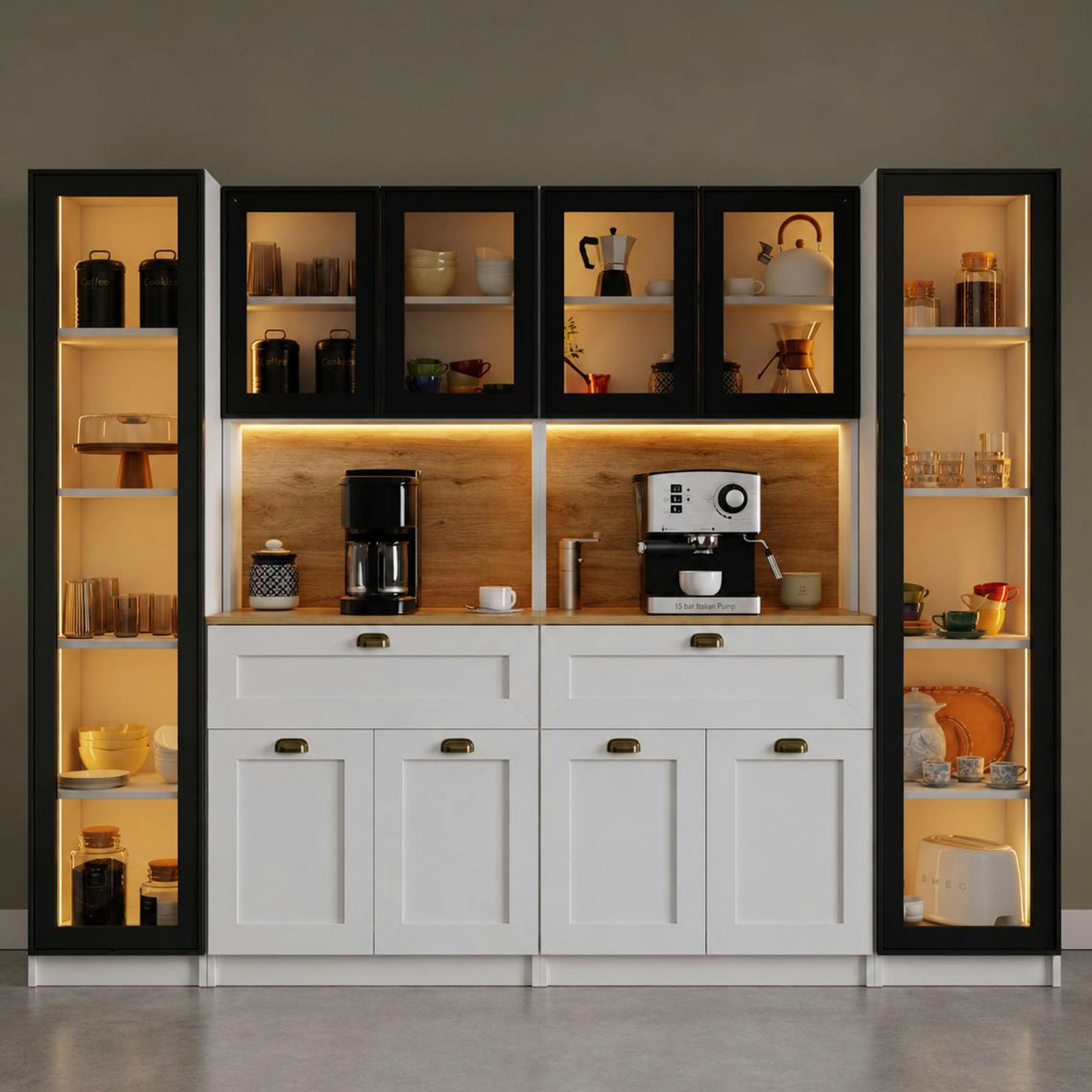 Grand vaisselier de cuisine à LED 10 portes décor blanc et noir AURA