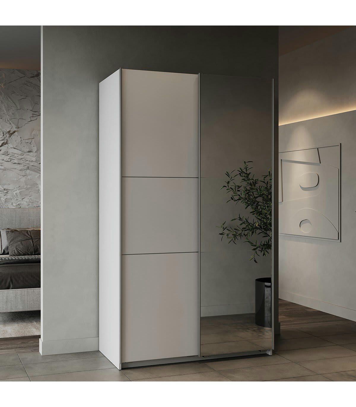 GHOST - Armoire 2 portes coulissantes et miroir - L116,5 cm