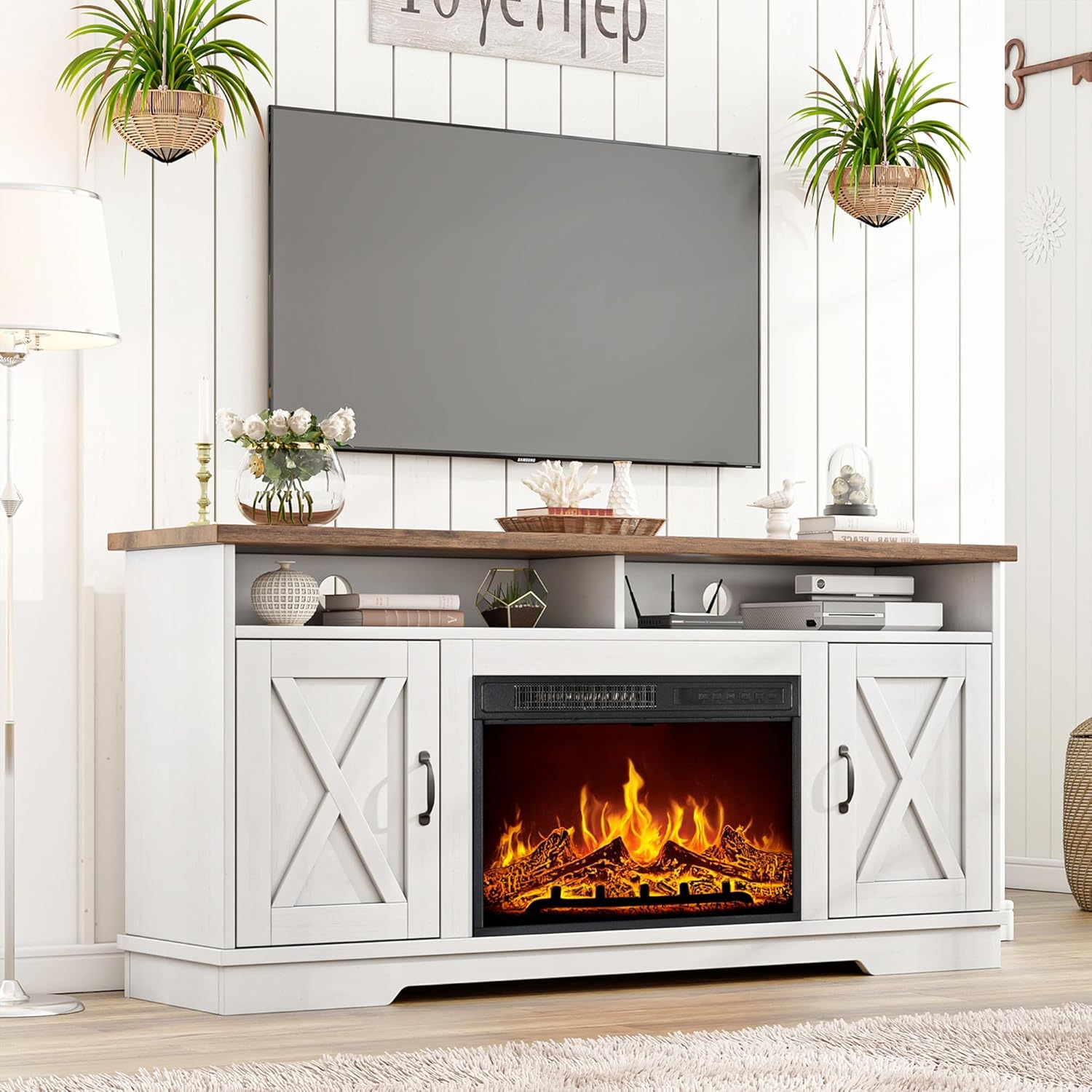 AMERLIFE 63 Farmhouse TV Stand with 26 Fireplace, for TVs up to 73, Media Entertainment Center with Adjustable Shelf & Barn Doors, Rustic TV Console Cabinet for Living Room, Rustic Oak & White