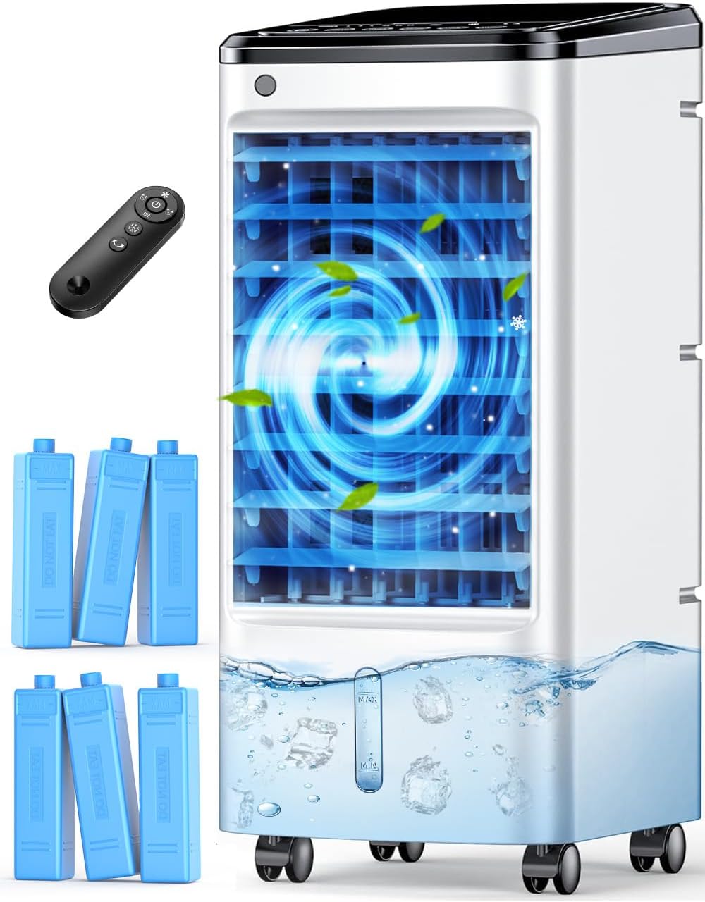 Windowless Portable Air Conditioners w/Dual Tank for 24H Cooling 600Sq.ft, 6 Ice Packs, 4 Modes&3 Speeds Swamp Cooler, 12H Timer 26Ft Remote, 120°Swing Evaporative Air Cooler for Room Bedroom