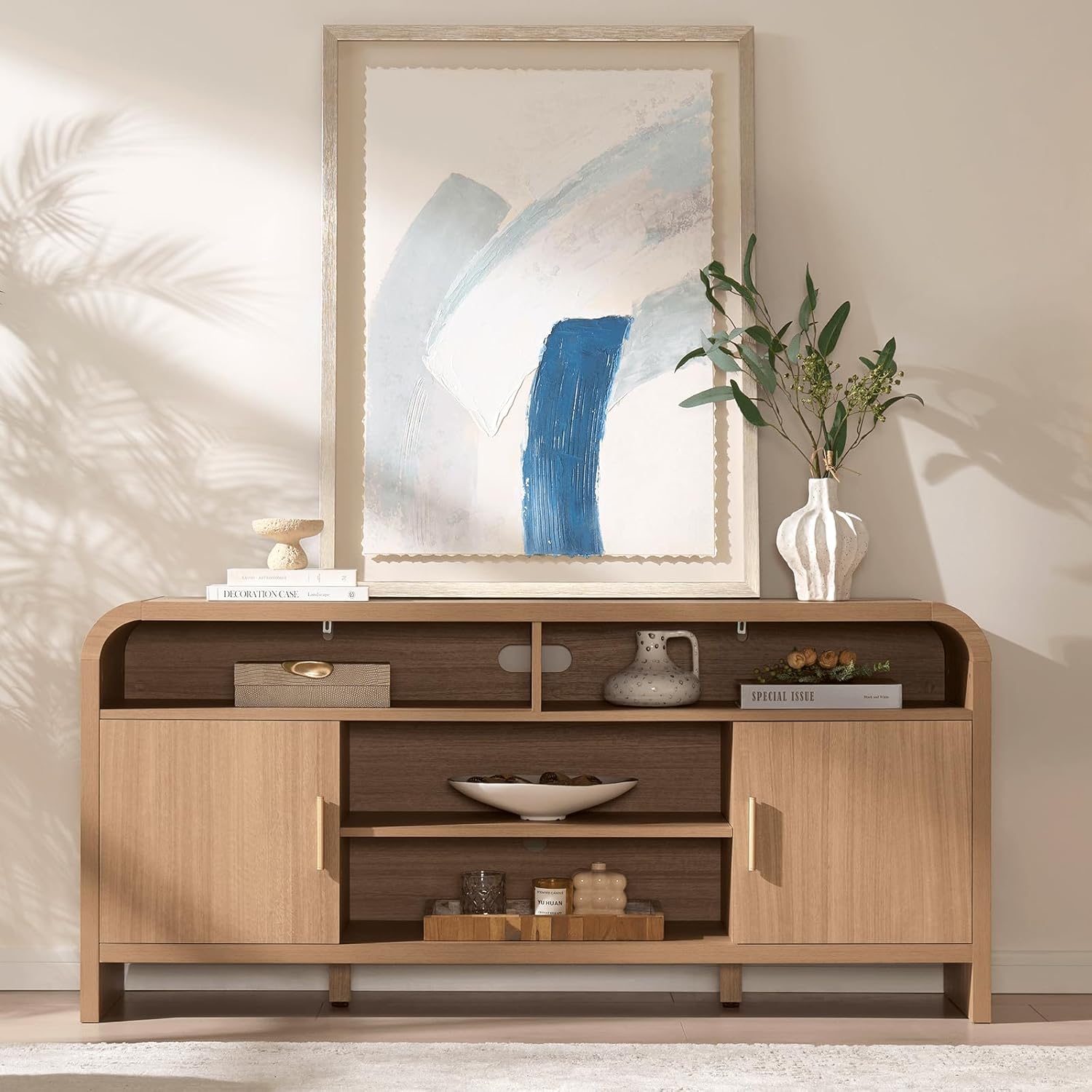 TV Stand for TVs Up to 65'' - [Unique Curved Profile, FSC-Certified Wooden Board] Entertainment Center with Adjustable Shelves and Storage Cabinet Modern Media Console for Living Room