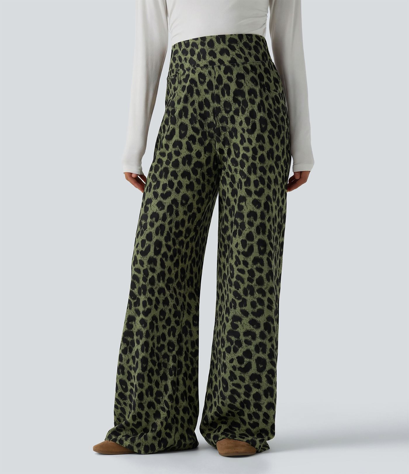 Pantalon large décontracté taille haute gaufré imprimé léopard avec poches