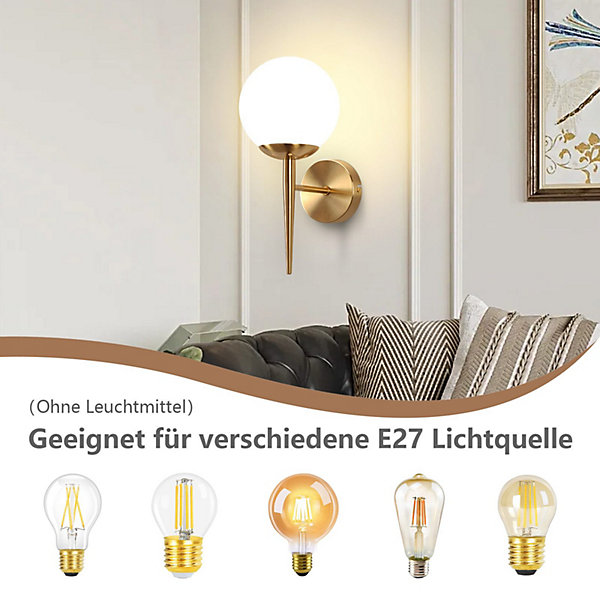 NETTLIFE Applique murale vintage boule de verre dorée E27 lampe murale d'intérieur chambre escalier