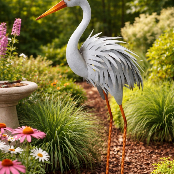 Metalowa czapla dekoracyjna do ogrodu 78,5 cm elegancka figura