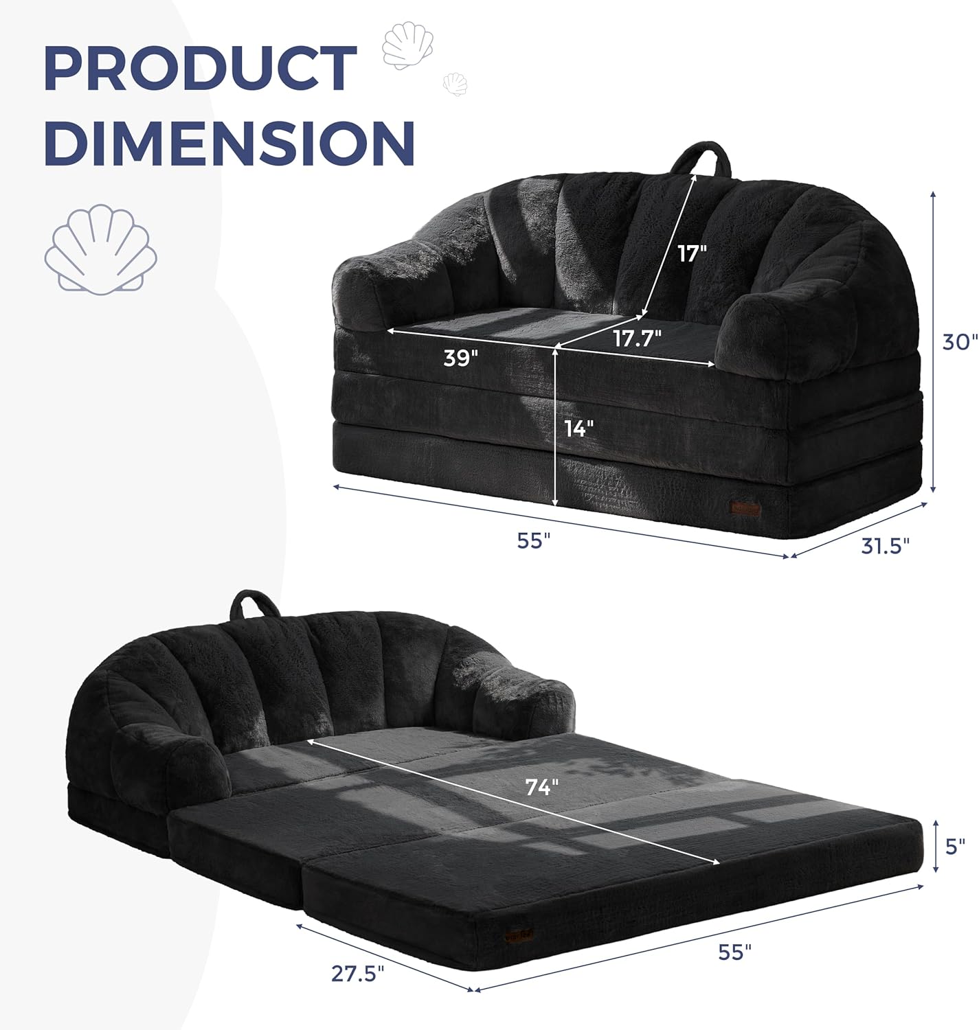 MAXYOYO Folding Sofa Bed, 2 in 1 Convertible Sofa to Lounger Comfy Loveseat Bean Bag Chair for Adults, Floor Sleeper Couch with Handle, Faux Fur Couch Bed for Living Room Bedroom, Black, Loveseat