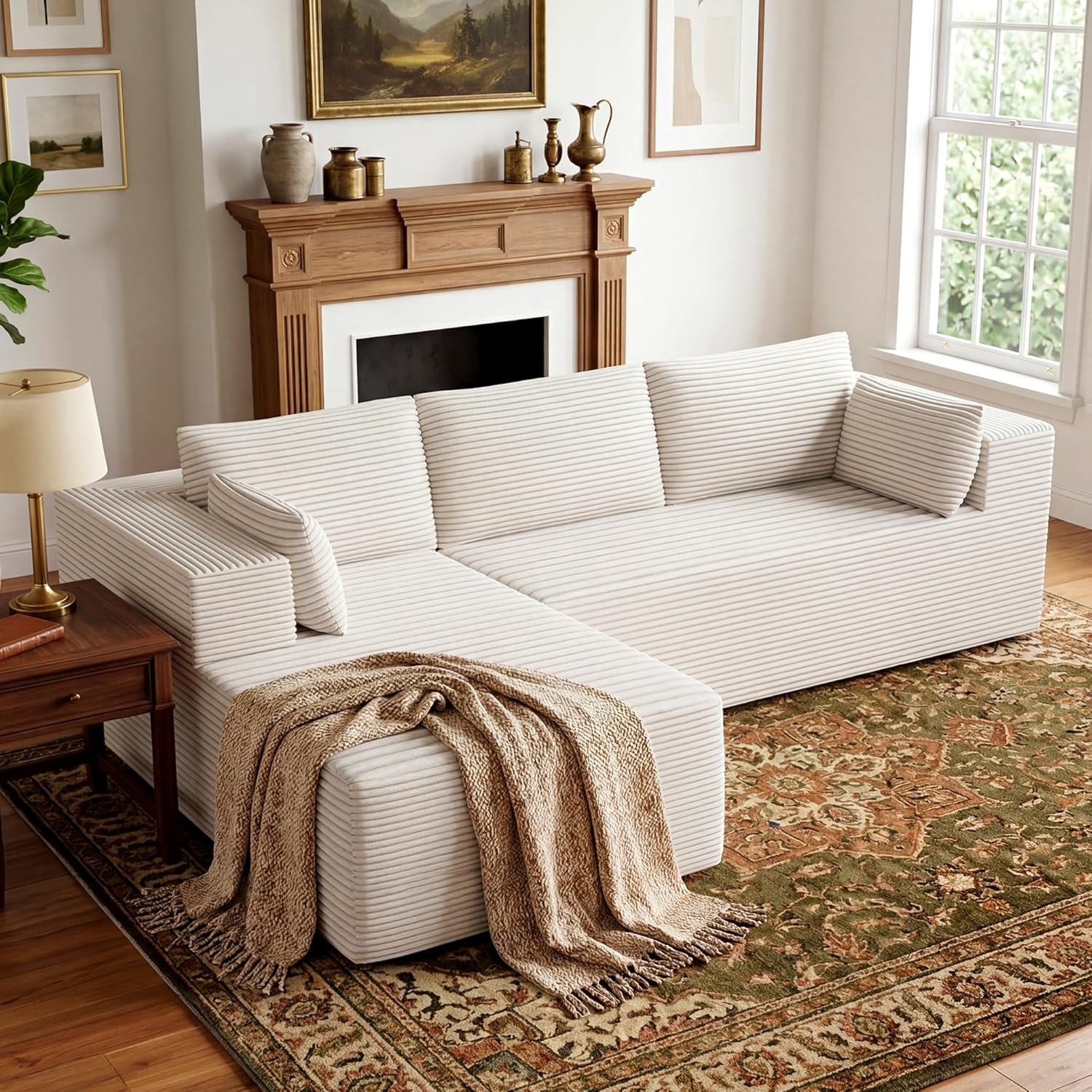 106 Cloud Sectional Boneless Couches for Living Room, Modular L Shaped Couch with Deep Seat Oversized Left Facing Chaise, Memory Foam Compressed Spineless 3 Seater Sofa for Bedroom Apartment, Beige