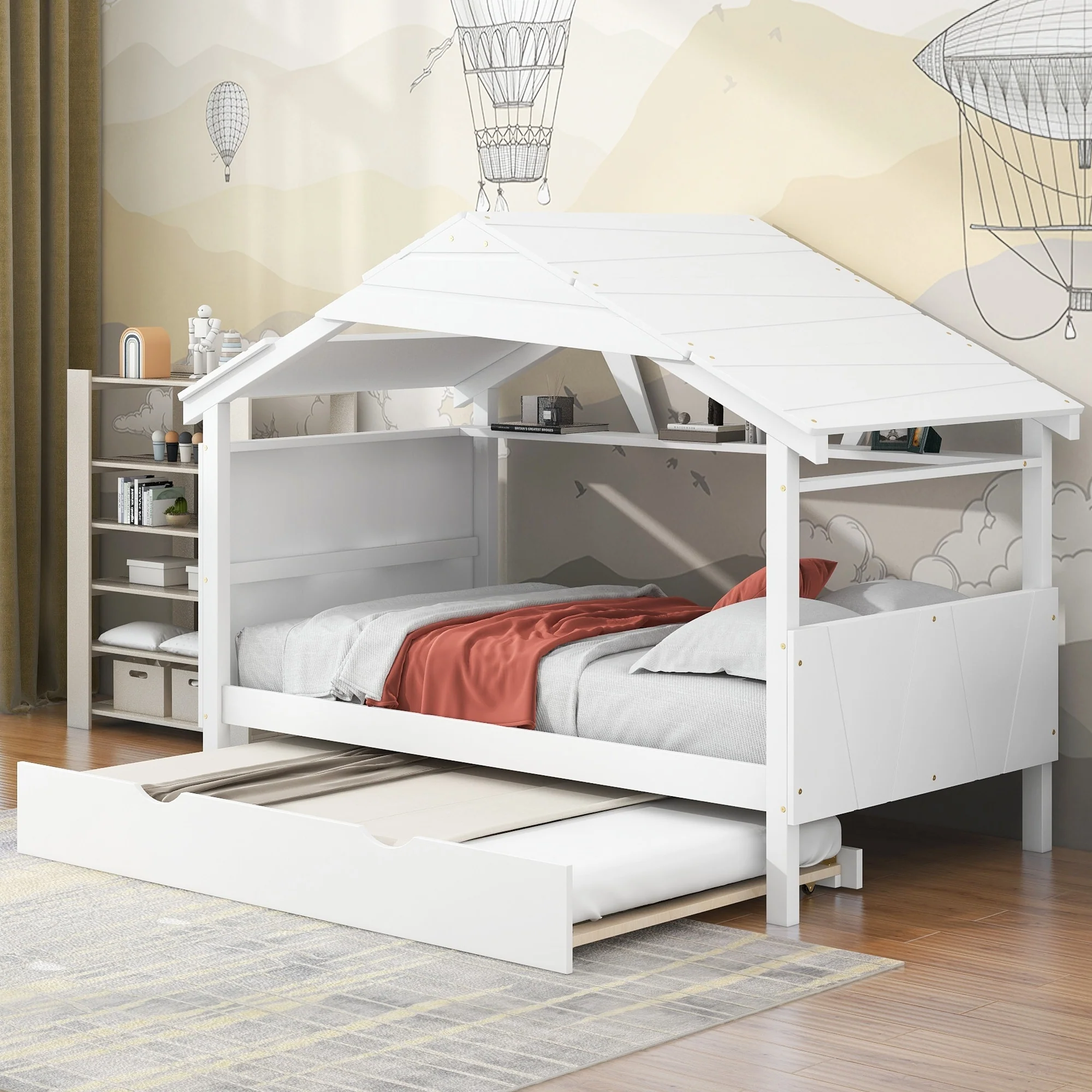 Twin Size Solid Wood House Bed with Trundle & Storage