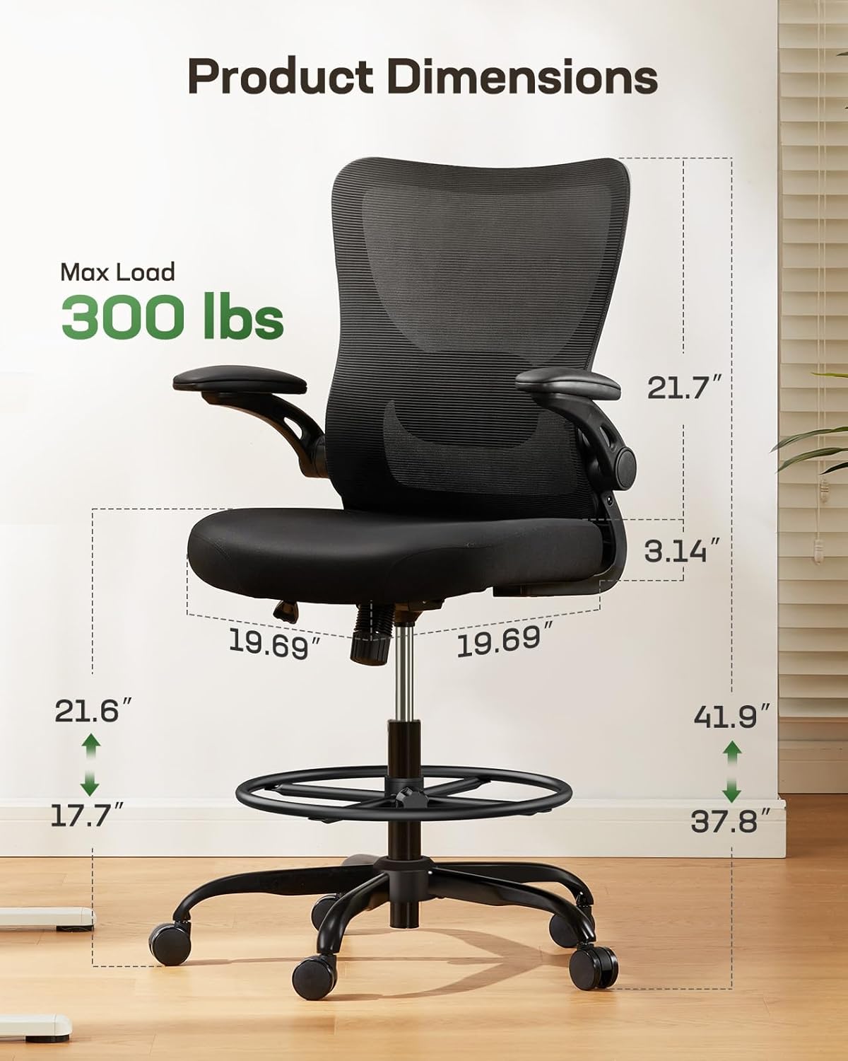 Marsail Drafting Chair, Tall Office Chair with 2D Lumbar Support, Standing Desk Chair with Padded Flip-Up Armrests & Adjustable Footrest Ring, Black