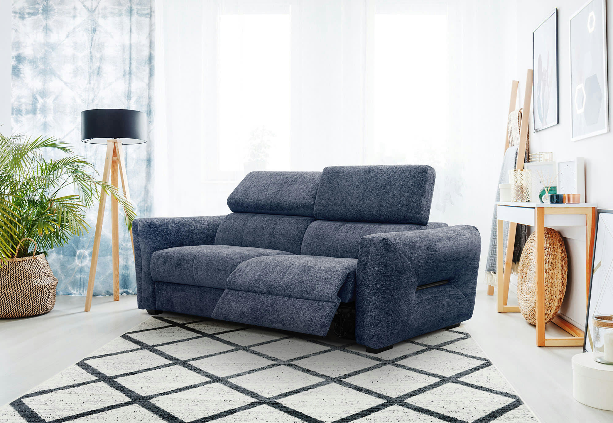 CALVERA - Canapé droit 3 places avec relax électrique côté droit tissu bleu