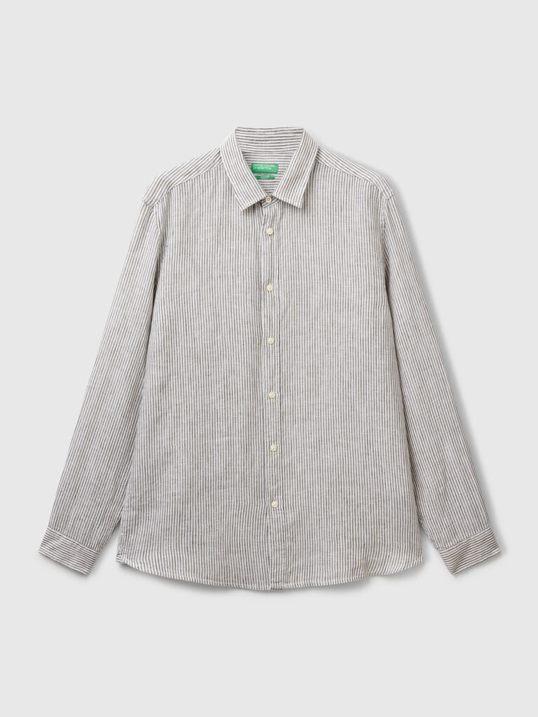 Green and white striped shirt in pure linen