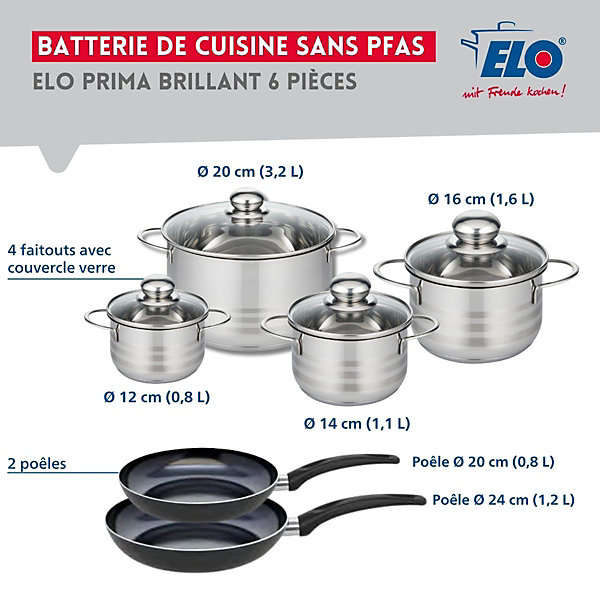 Ensemble de 2 Poêles de cuisson 20 et 24 cm et 4 faitouts 12, 14, 16 et 20 cm Elo Prima Brillant