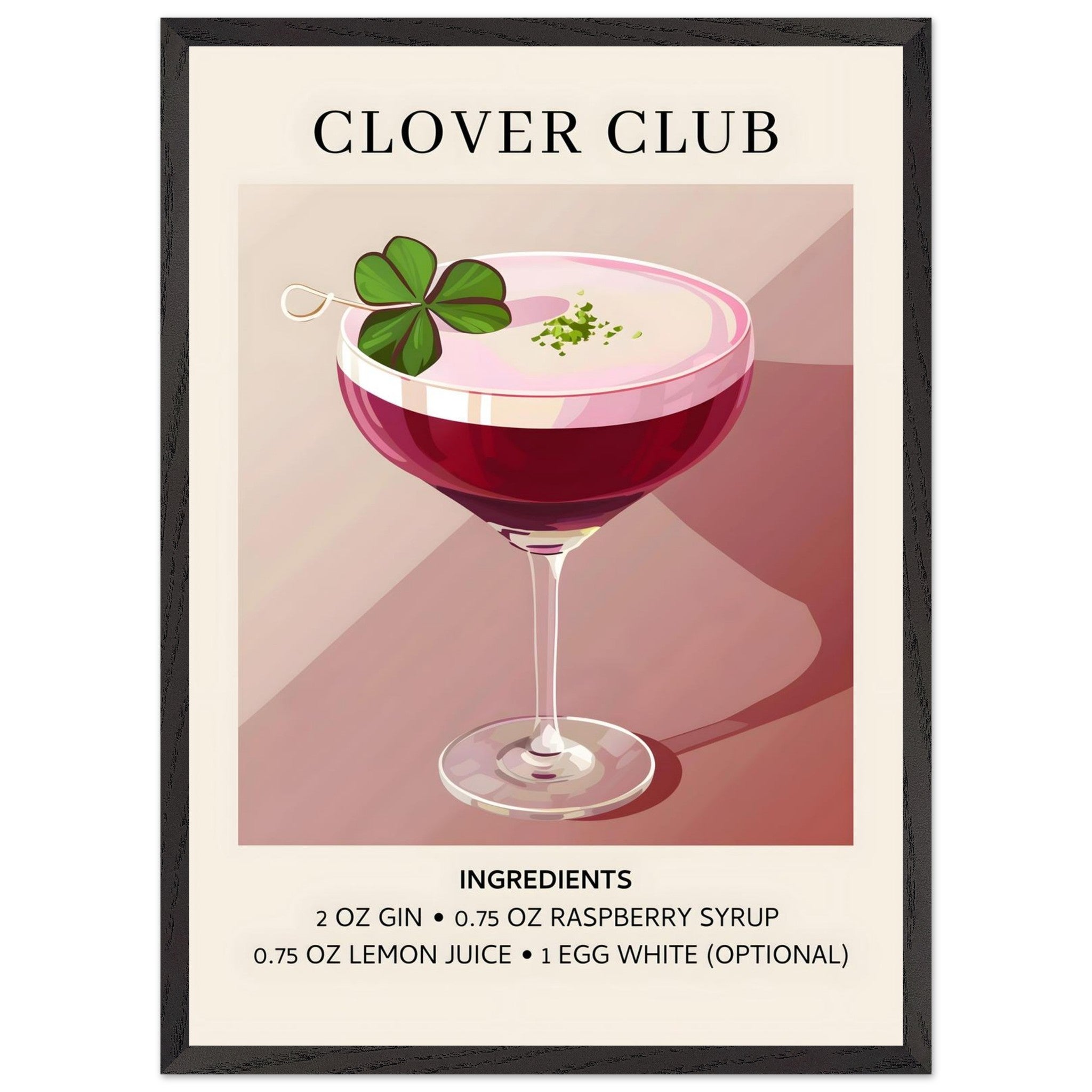 Artfulprints Poster met Lijst Clover Club cocktail - Ingrediënten  - 50x70 cm - Roze