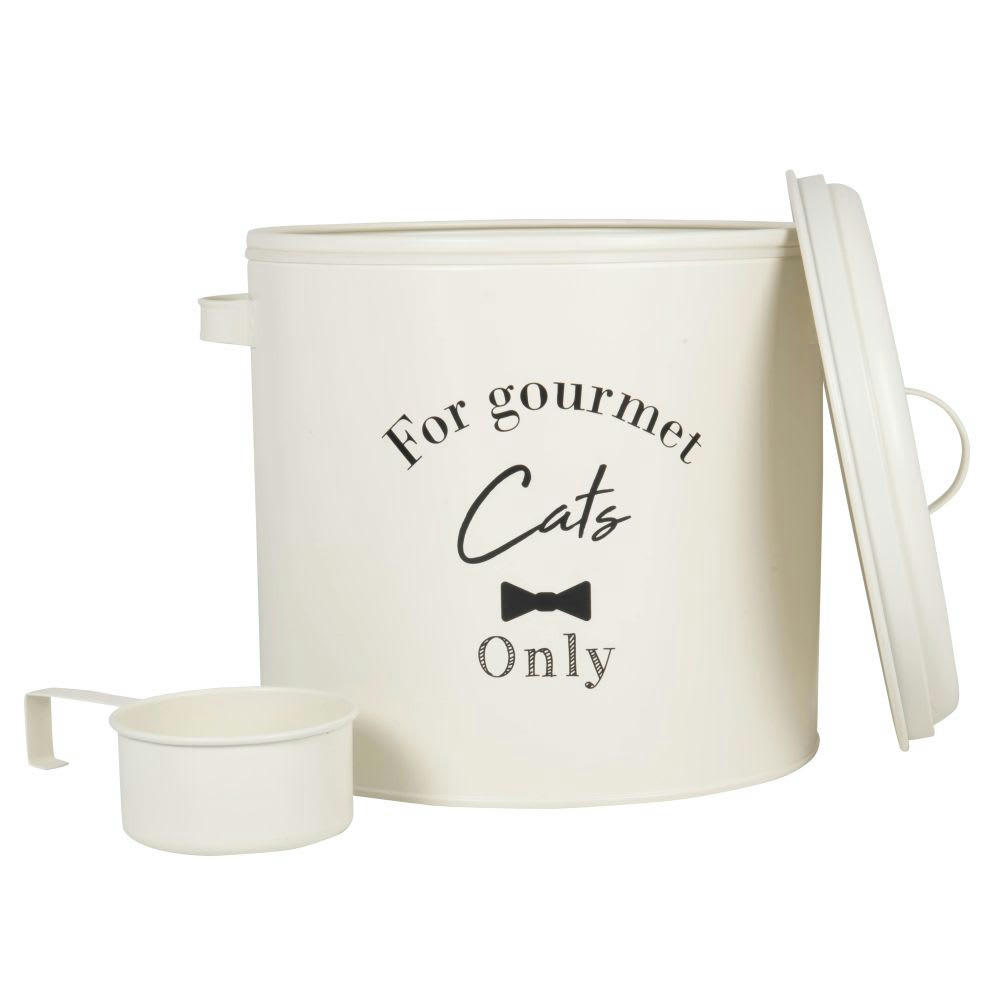 CLUB CAT - Boîte à croquettes en métal écru imprimé H30