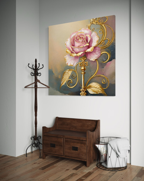 Feeby Obraz na płótnie, róża, kwiat, złoto, glamour 30x30