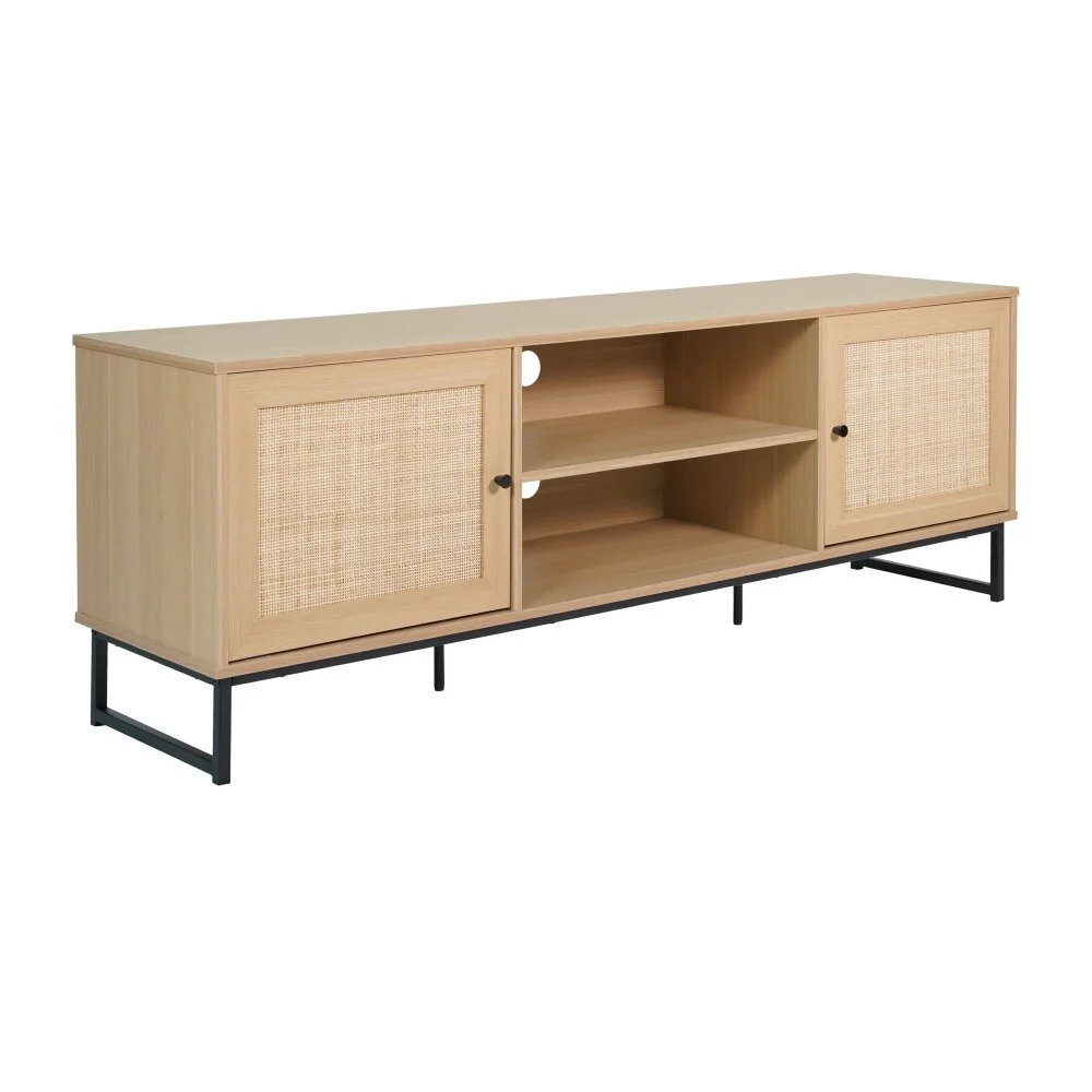 65 TV Stand with Rattan Accented Storage Doors - 66W x 15.75D x 22.75H