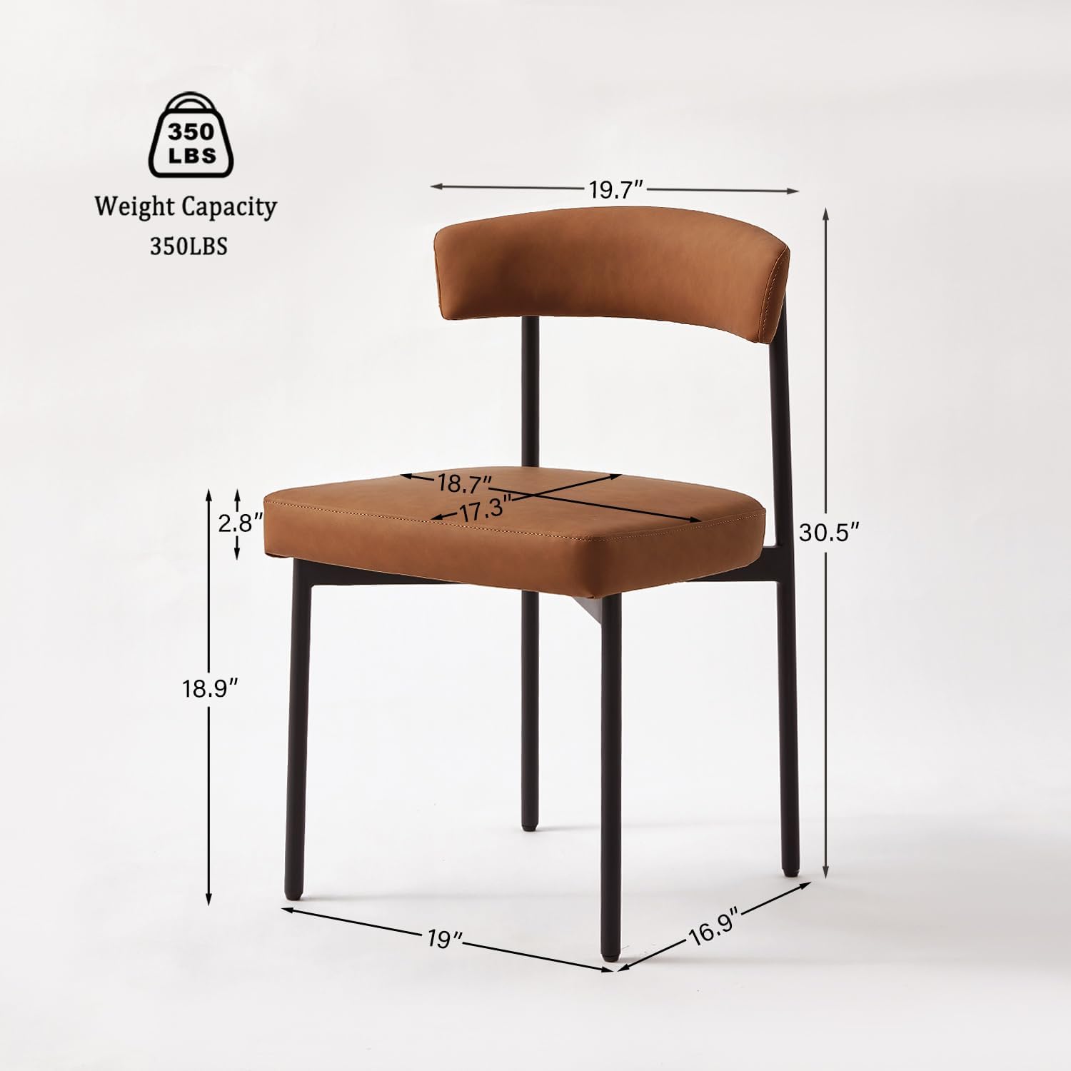 GrandNoor Brown Faux Leather Dining Chairs Set of 2, Armless Upholstered Kitchen Chair,Modern Dining Room Chair with Curved Backrest