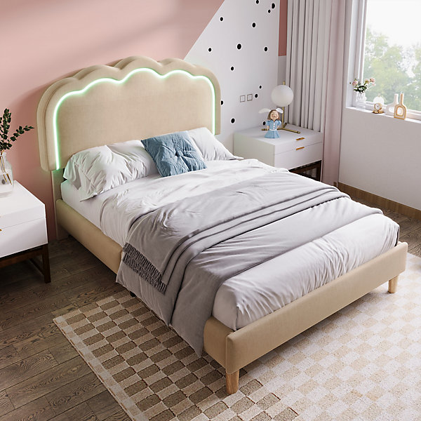 Lit 90x190 cm rembourré en lin beige avec tête de lit pouf LED réglable, cadre robuste et style contemporain