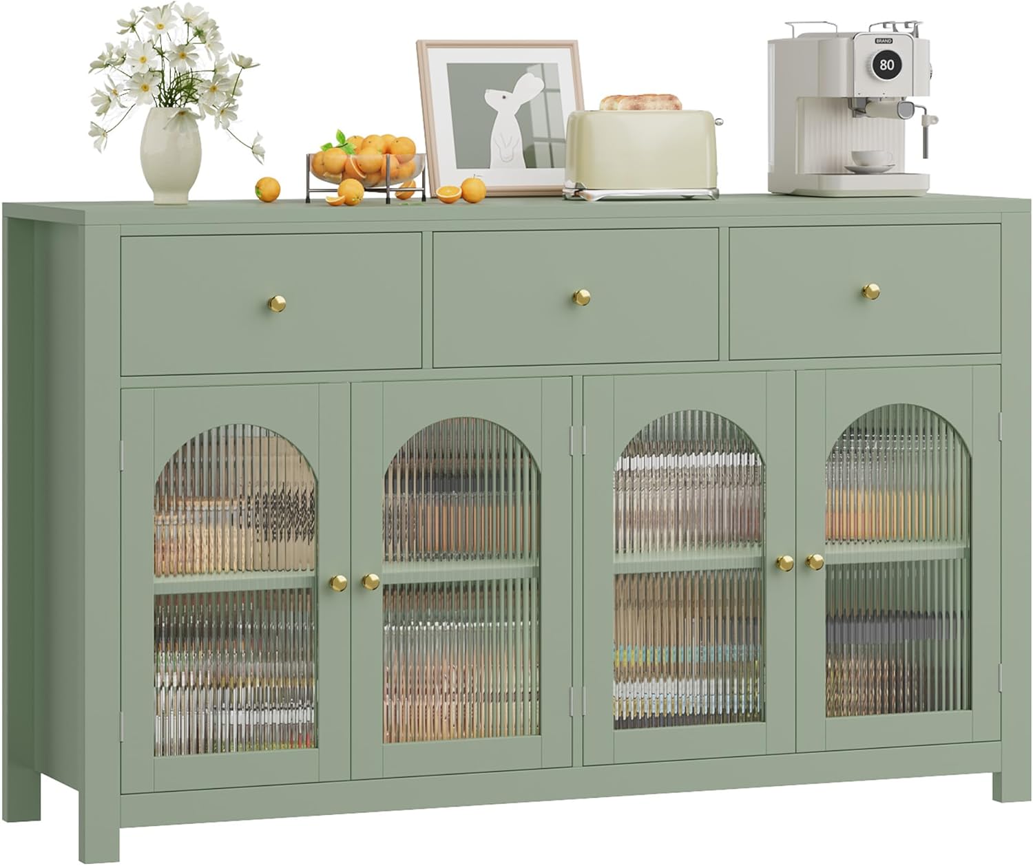 FINETONES Buffet Cabinet with Storage, 55.1 Large Sideboard Buffet, Farmhouse Kitchen Cabinet with 3 Drawers and 4 Doors, Wood Coffee Bar Table for Kitchen, Green