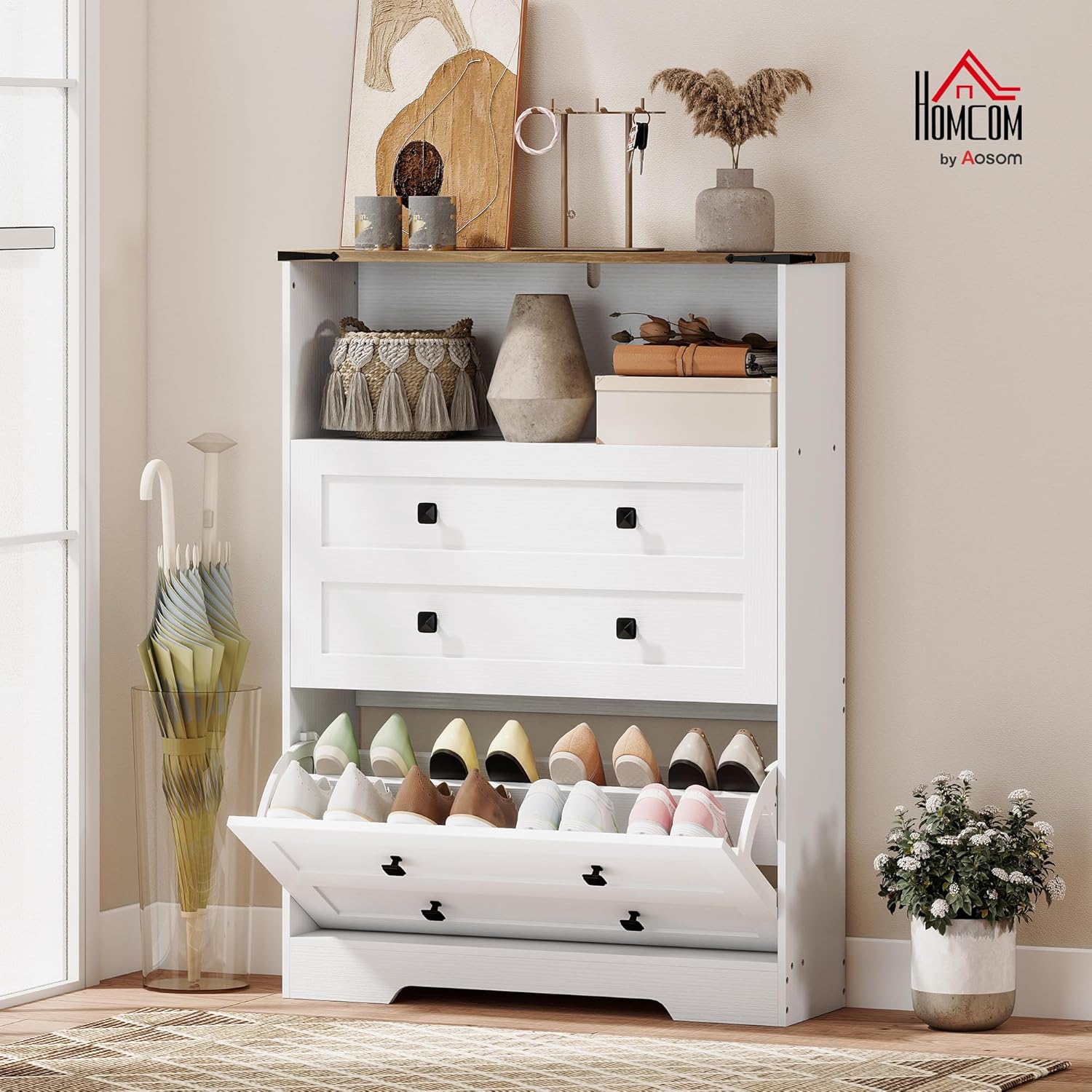 HOMCOM Shoe Cabinet with 2 Flip Drawers, Narrow Shoe Storage Cabinet with Adjustable Shelves and Open Shelf, Farmhouse Storage Organizer for Entryway, Hallway, Holds 12-16 Pairs, White
