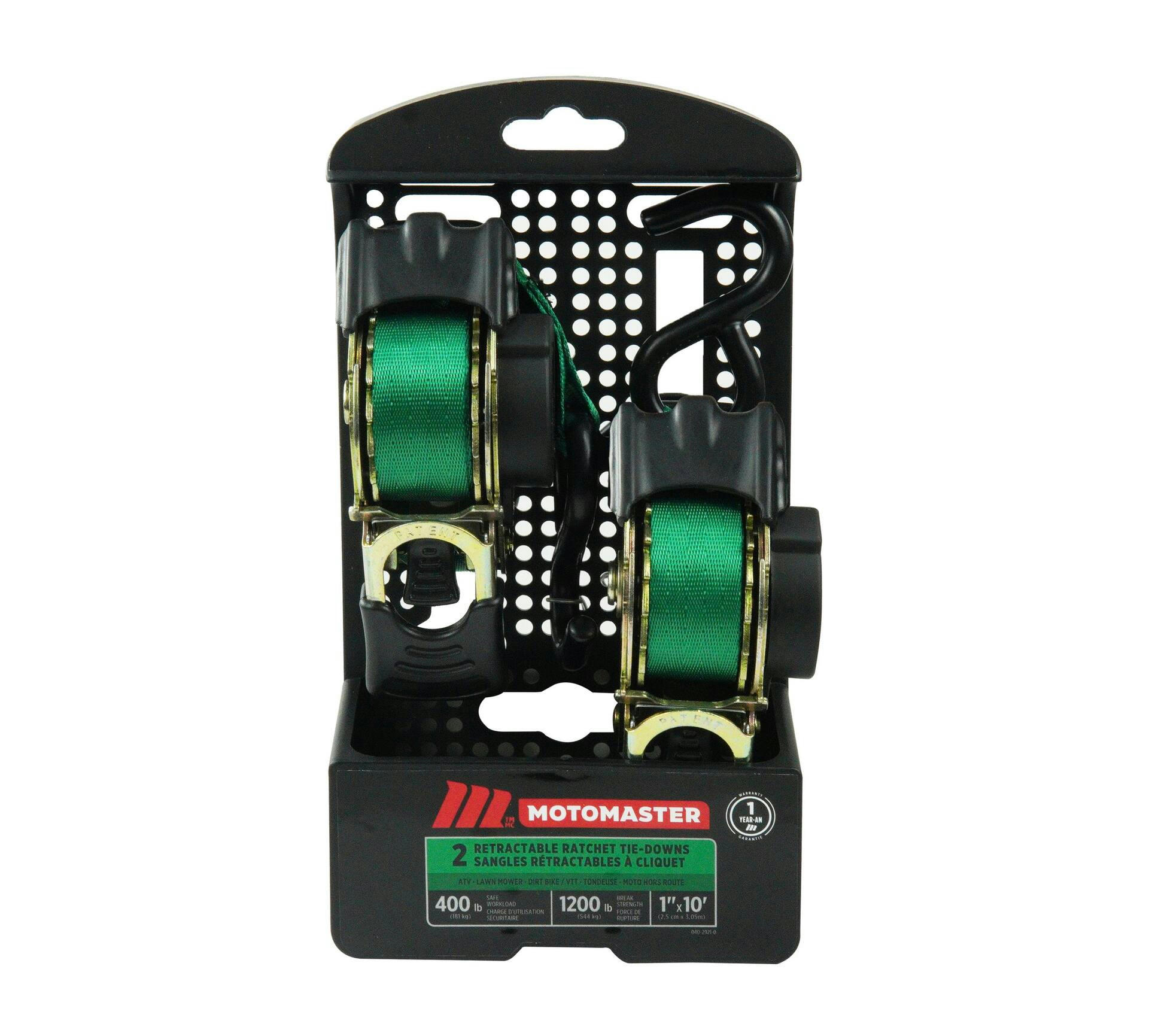 MotoMaster 1,200-lb Retractable Ratchet Tie Down Straps, 1-in x 10-ft, 2-pk