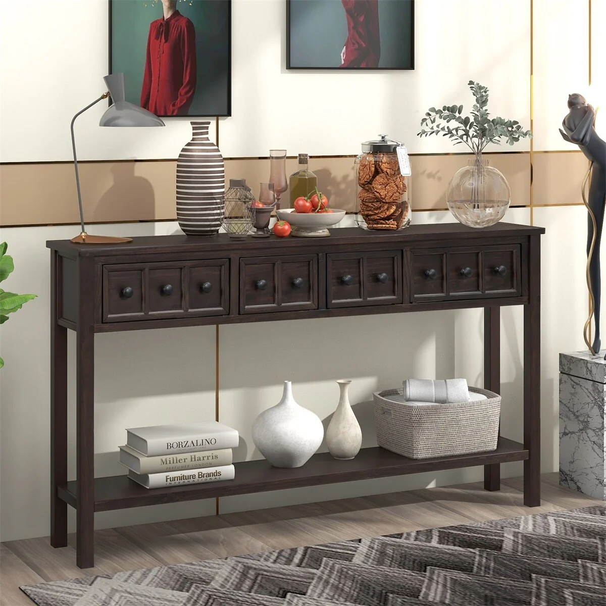 Merax 60 Long Console Table with Different Size Drawers and Bottom Shelf