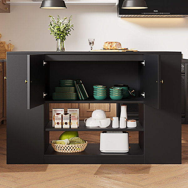 Îlot de Cuisine - Chariot de Cuisine avec Tiroirs et étagères Ouvertes, Meuble de Rangement Indépendant, MDF Noir 140x70x90 cm