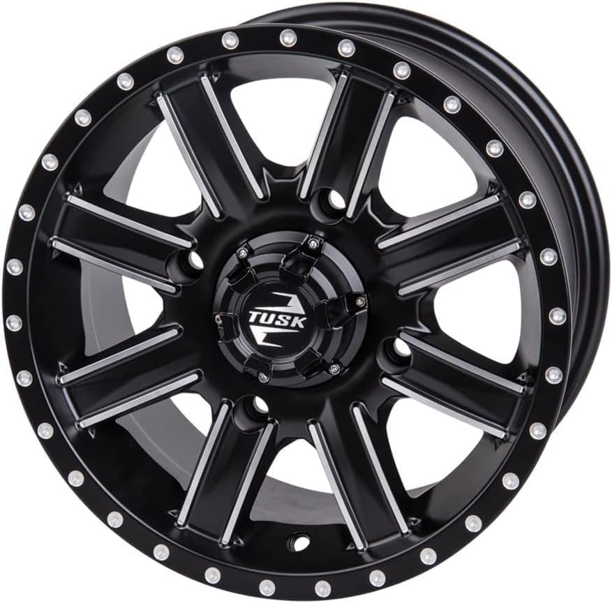 Tusk Set of 30x10-14 TERRABITE Heavy Duty 8-Ply Radial UTV Tires mounted on CASCADE Wheels - Compatible with POLARIS applications 4/156 bolt pattern Includes Lug Nuts (4+3 Offset, Machined/Black)