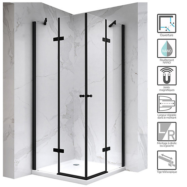 Cabine porte de douche d'angle MAYA-BLACK H190 cm, 80 x 90 cm, verre transparent   receveur - Saniverre