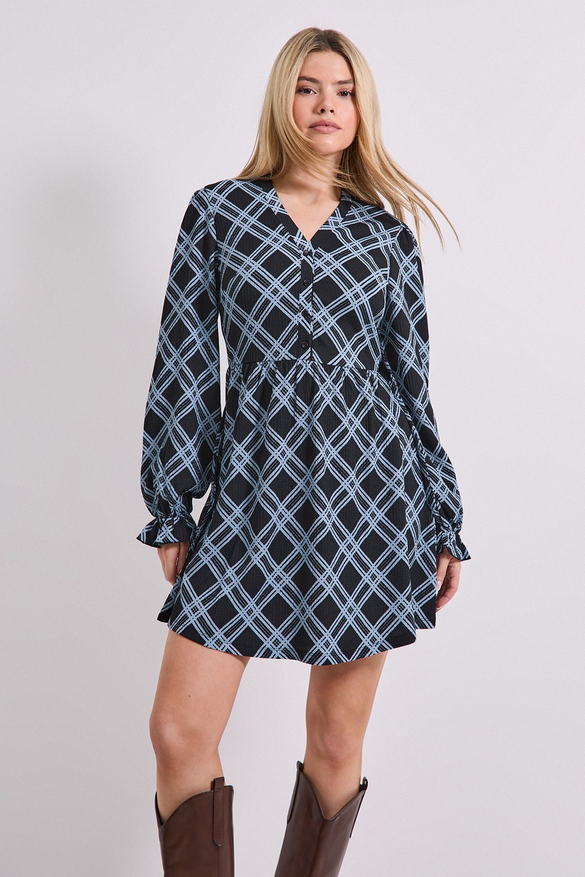Dorothy Perkins Gingham Button Detail Blouson Sleeve Jersey Mini Dress