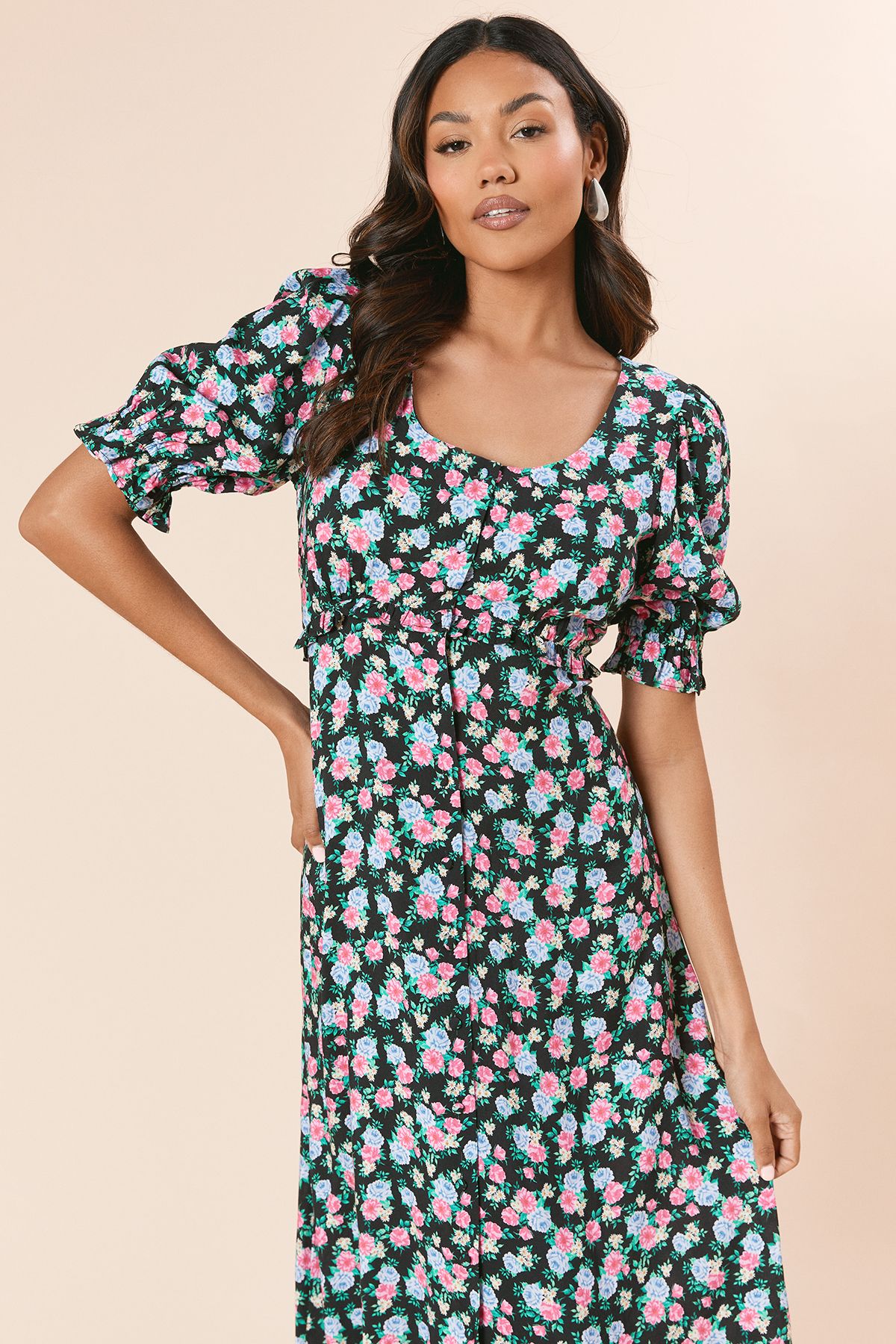 Dorothy Perkins Floral Button Front Puff Sleeve Midi Dress