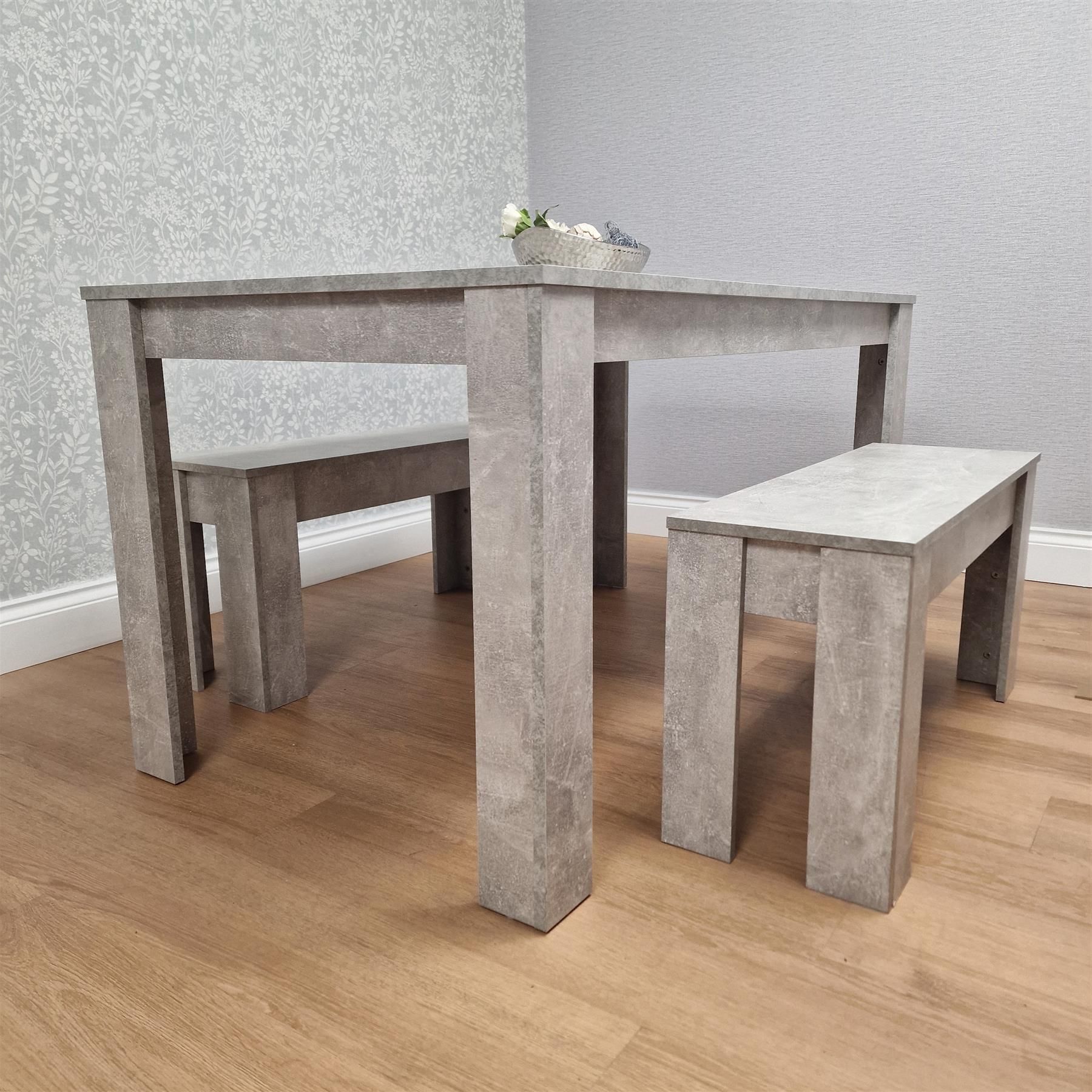 KOSY KOALA Stone Grey Effect Wooden Dining Table with 2 Grey Wood Benches Dining Room Furniture Set