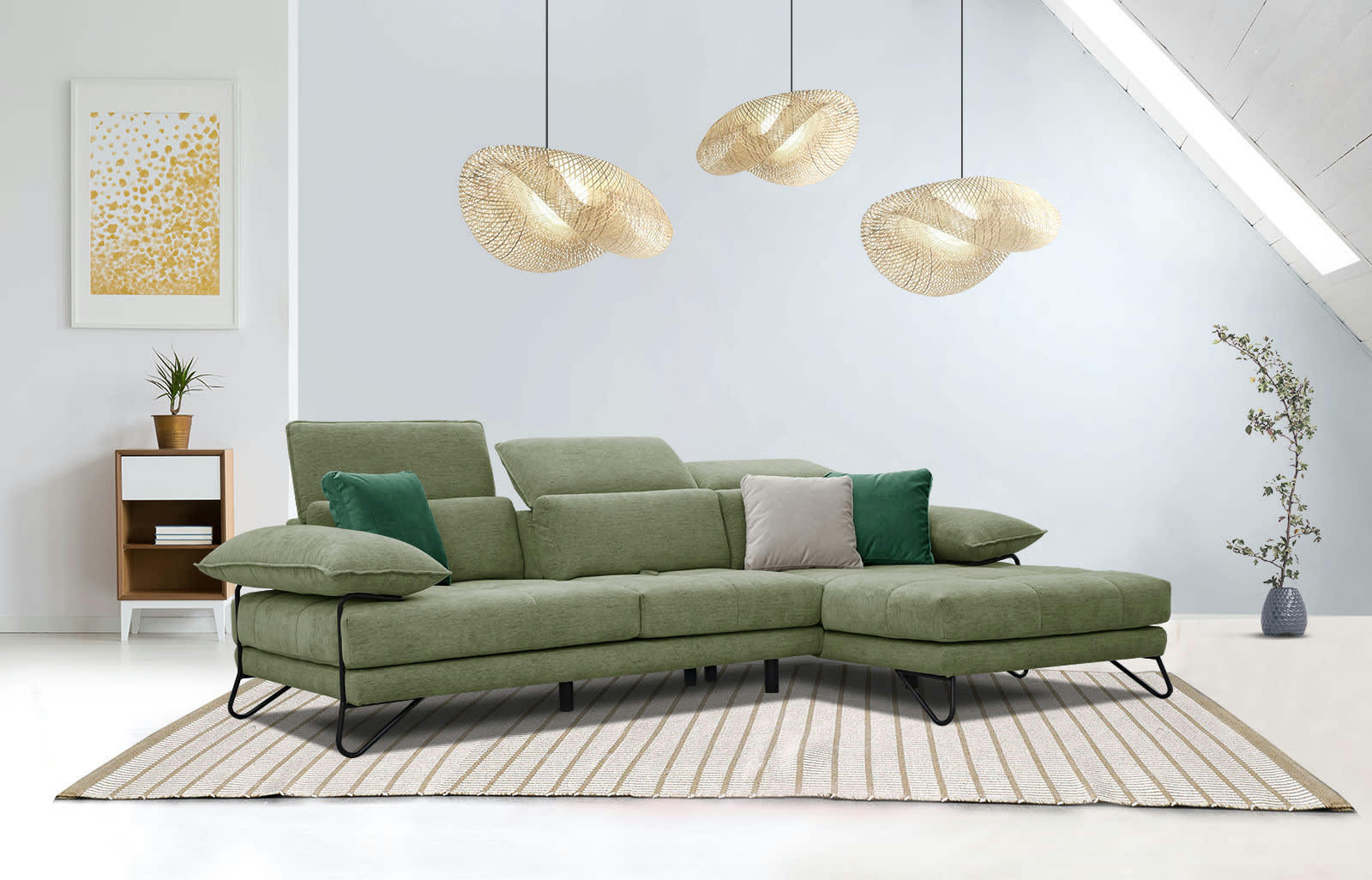 NORDEN - Canapé d'angle droit 4 places en tissu vert avec coussins déco