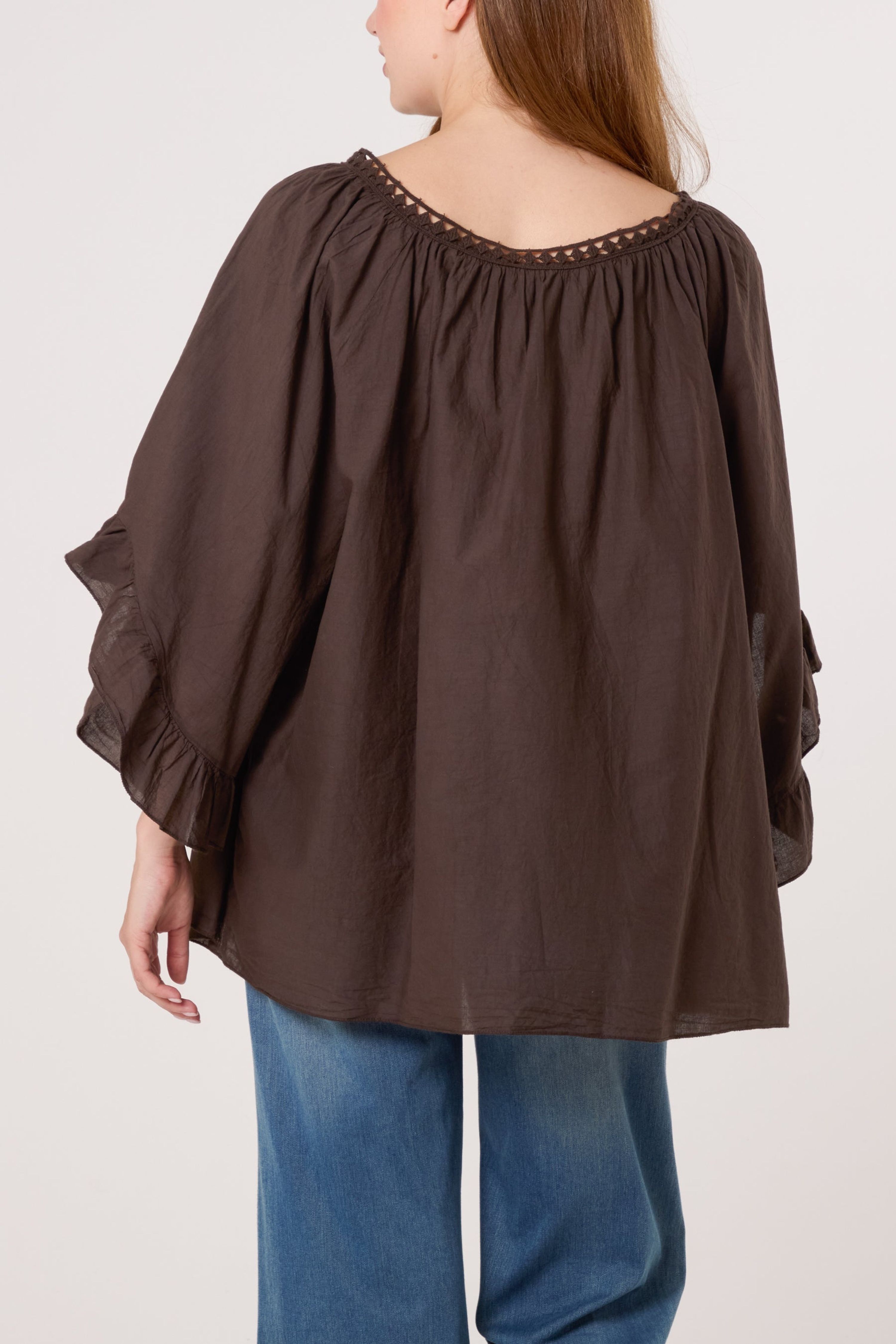 Blue Vanilla Brown Bardot Cotton Tie Neck Top