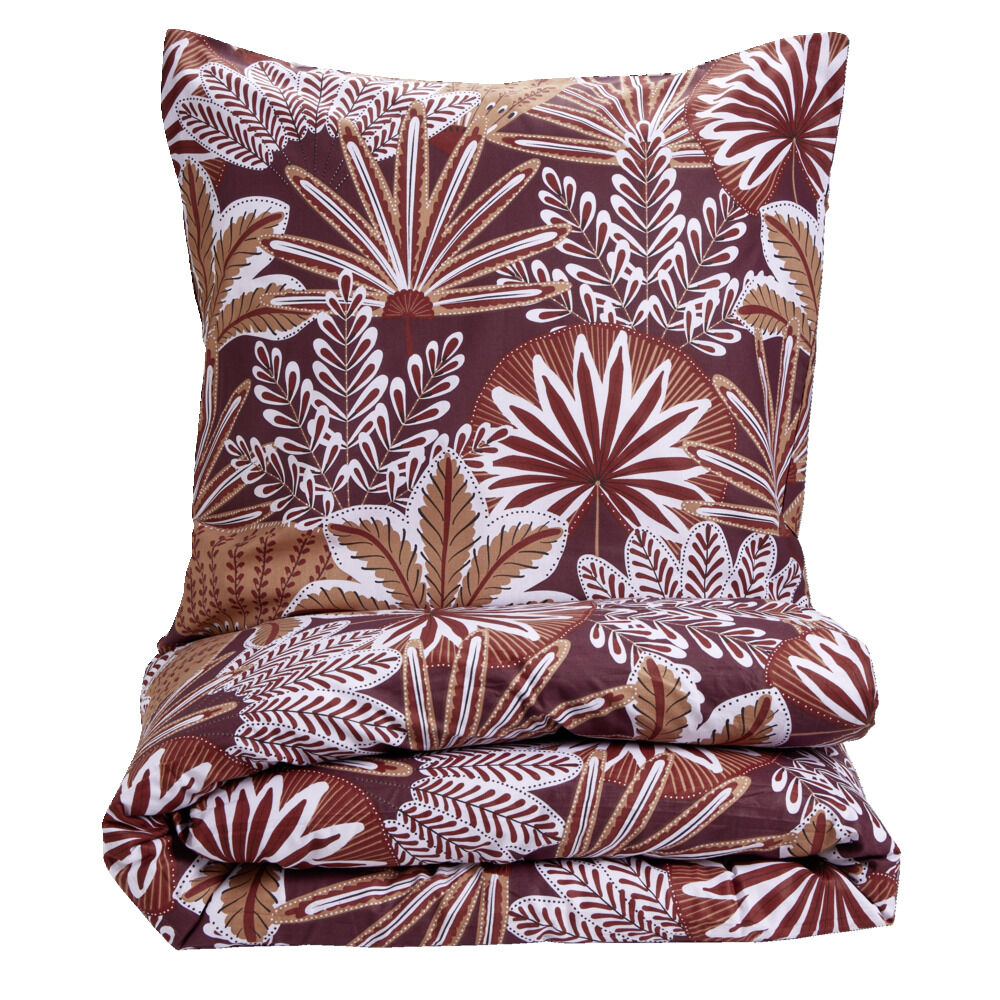 Parure de lit 1 personne 140x200cm coton motif feuillage rouge