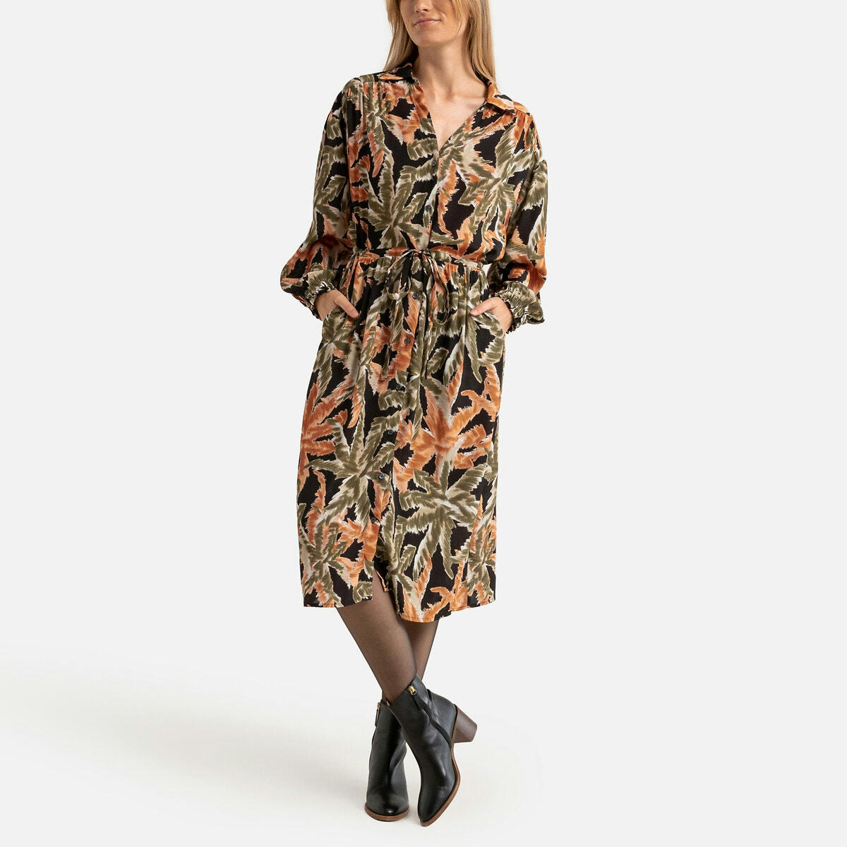 Robe midi imprimée, manches longues