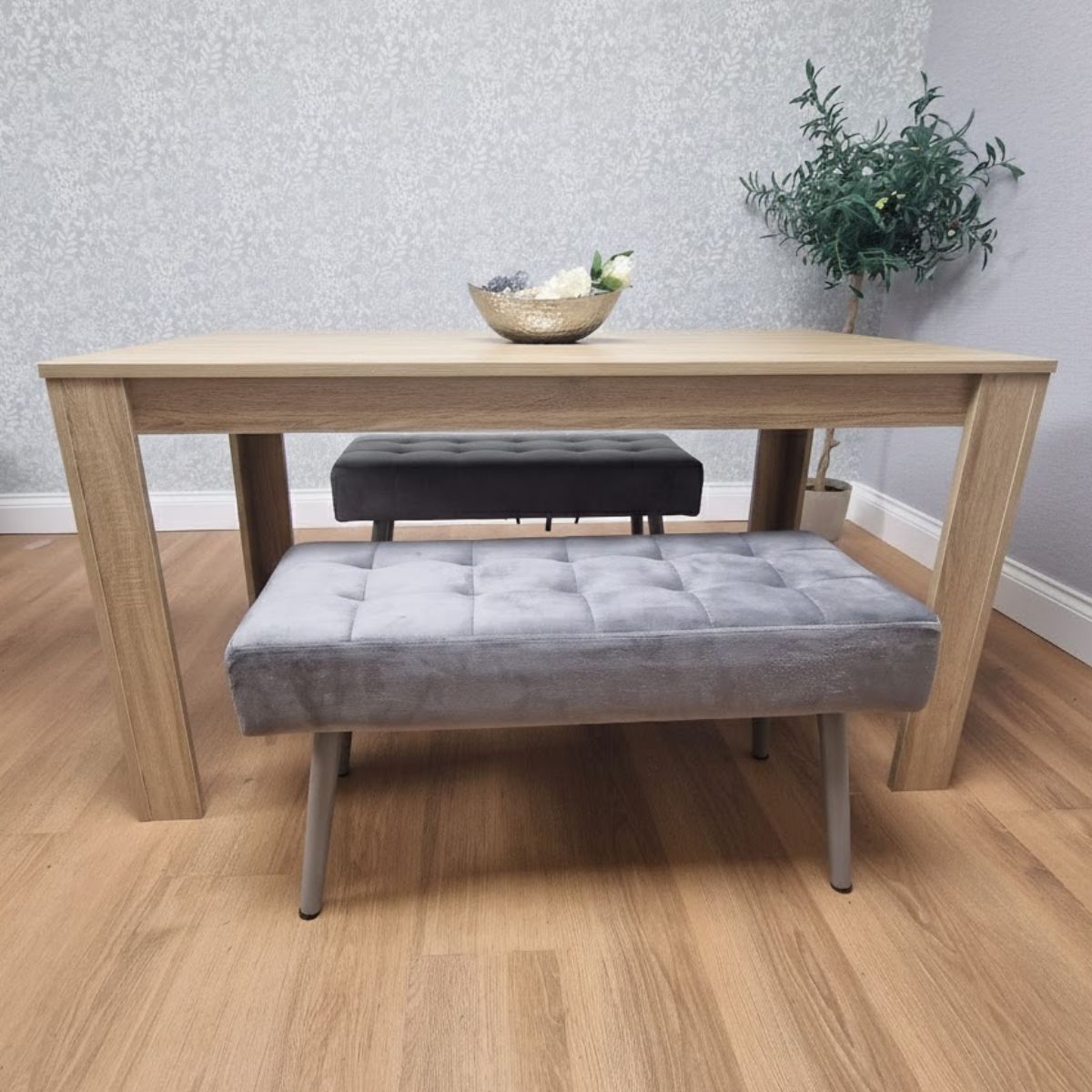 KOSY KOALA Dining Table and 2 Benches Oak Effect Table With 2 Grey Velvet Benches Dining Room Furniture