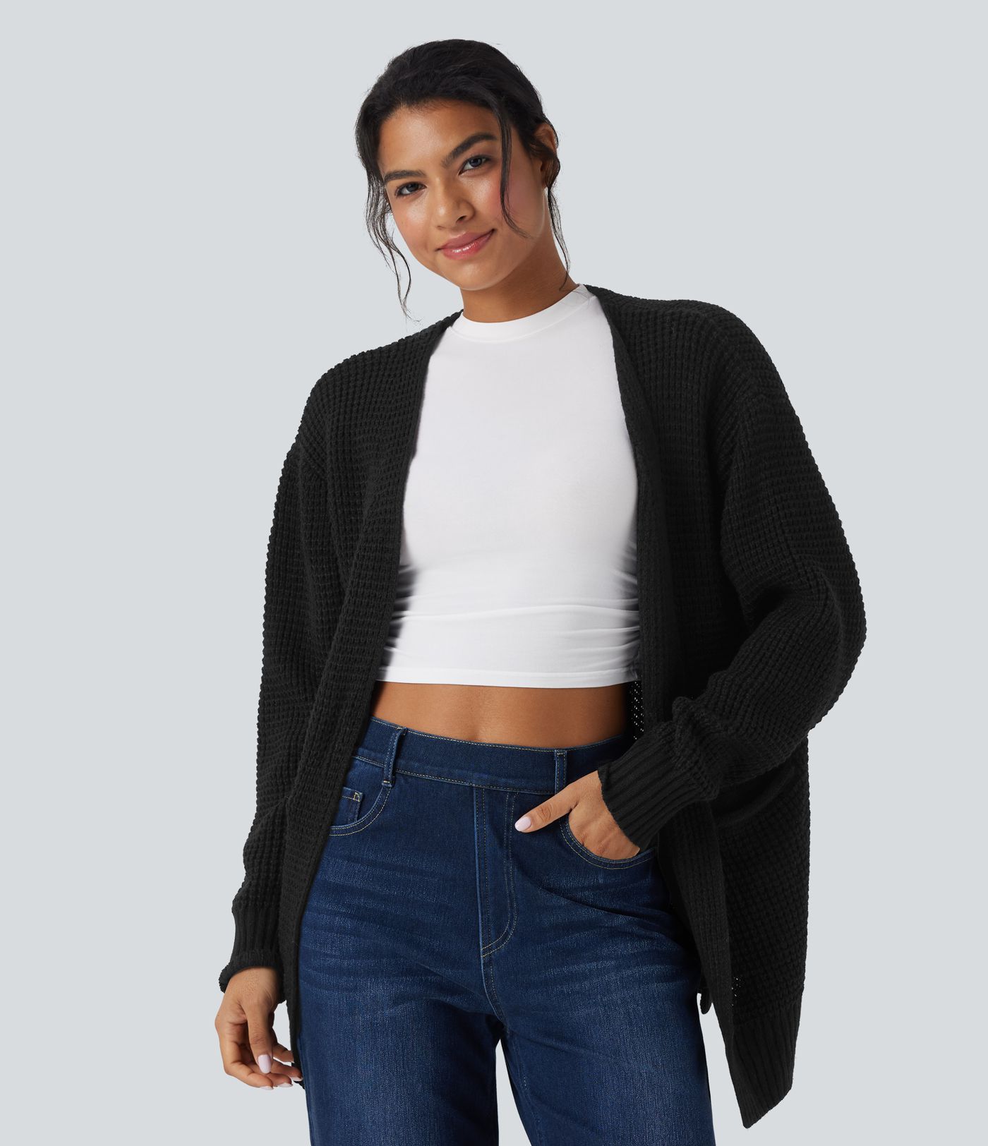Cardigan décontracté gaufré manches longues avec poches