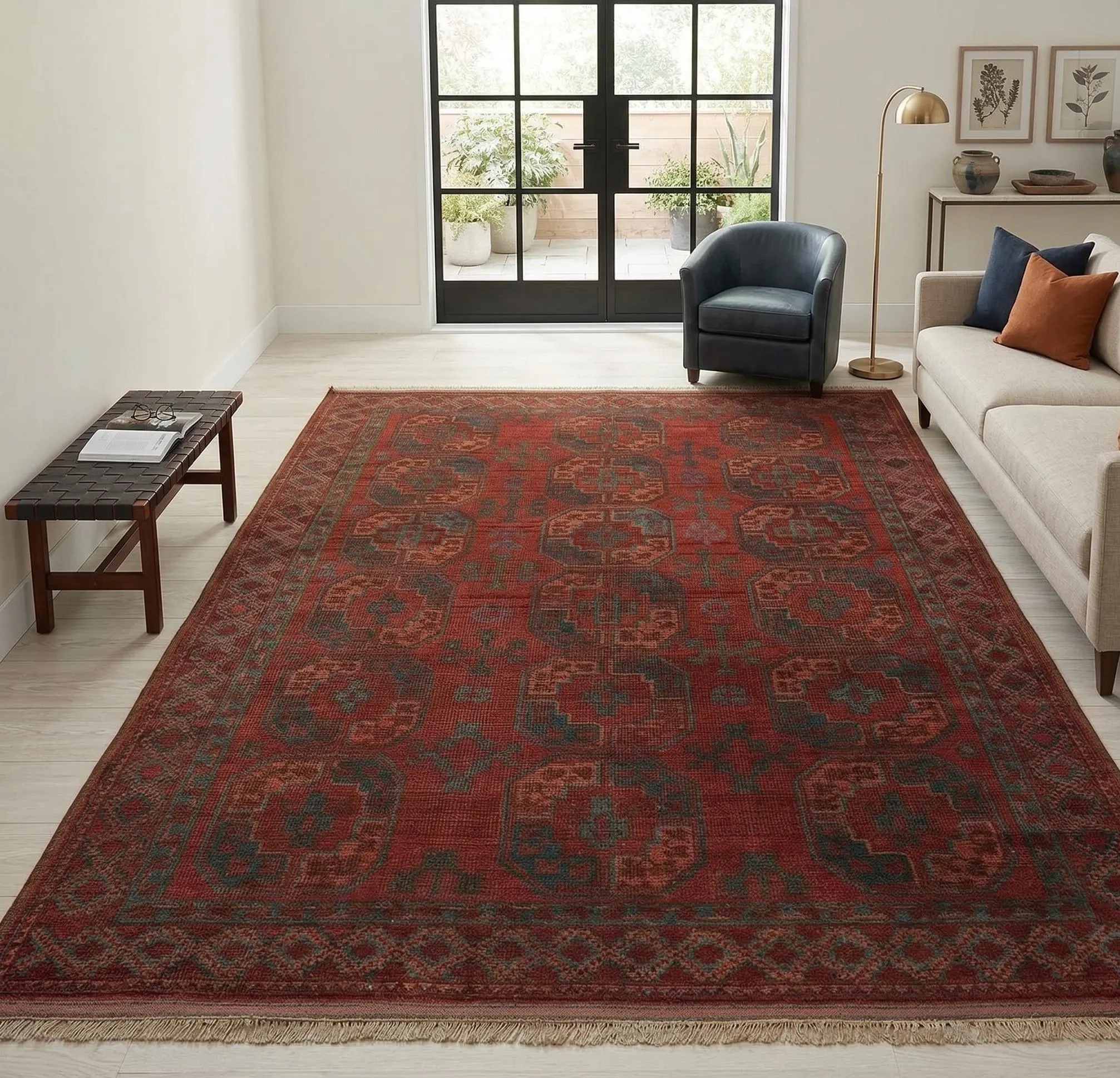 Hand Knotted Bokhara Rug Vintage Red Wool Afghan Tribal Area Rug