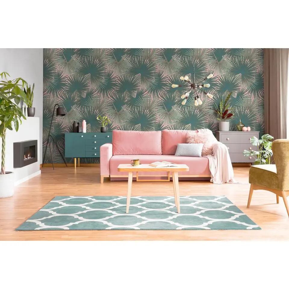 Livingwalls fotobehang jungle-motief groen, petrolblauw en roze - 159 x 280 cm