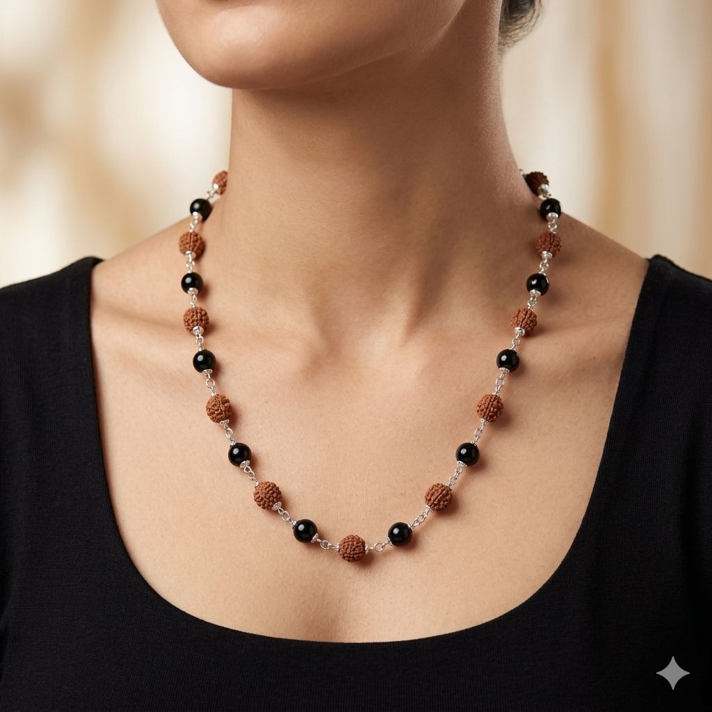 The Colourful Aura Silver Plated Rudraksha & Black Spiritual Necklace