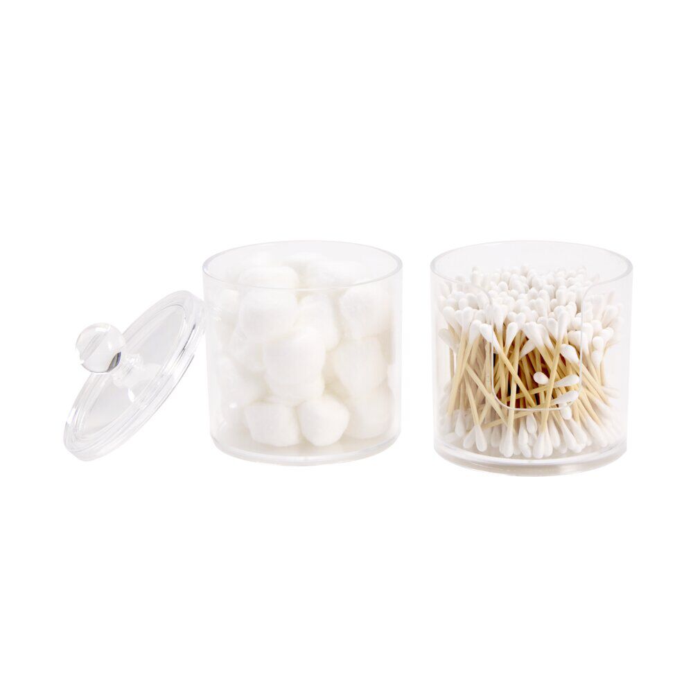 Rangement cosmétique plastique transparent avec coton et coton tige bambou Ø10xH19cm