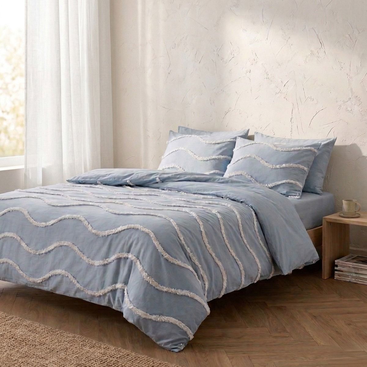 Pościel DELIA bawełniana niebieska z przeszyciami w kształcie fal 160x200   2*50x60 cm