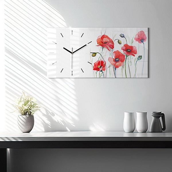 Horloge murale Wallfluent 60x30 cm Aiguilles noires Coquelicots rouges peints 1 pcs