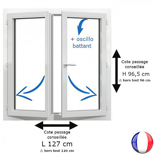 Fenêtre PVC blanc 2 vantaux hors tout H 96 x L 126 cm oscillo battant pour pose rénovation